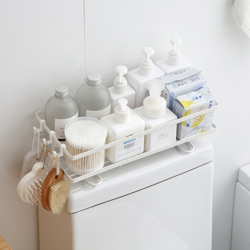 Bathroom Shelf Above Toilet Water Tank Reusable Heavy Duty Kitchen Bathroom Toliet Shelf Iron Storage Rack Hook Organizer Home