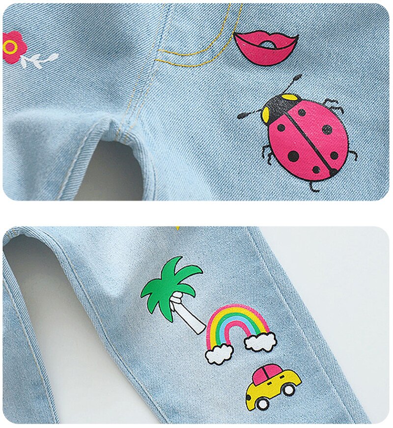 Girls Jeans Pants Spring Denim Jeans ladybug butterfly printing Children Pants Casual Trousers Jeans For Girls Clothes