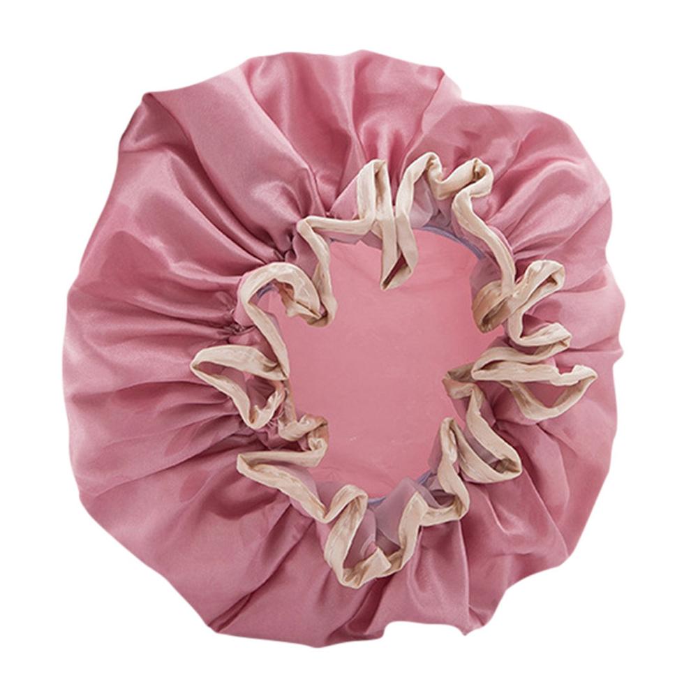 Women Double Waterproof Shower Satin Bathing Cap Hats Silk Reusable Hair Cover SWWQ: Bean paste pink