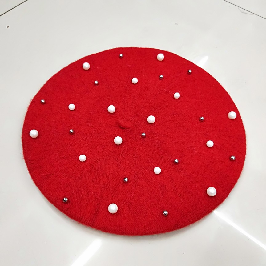 Boina francesa sólida invierno perla lana sombrero mujer dulce gorro esquí gorras amor para chica amiga: Rojo