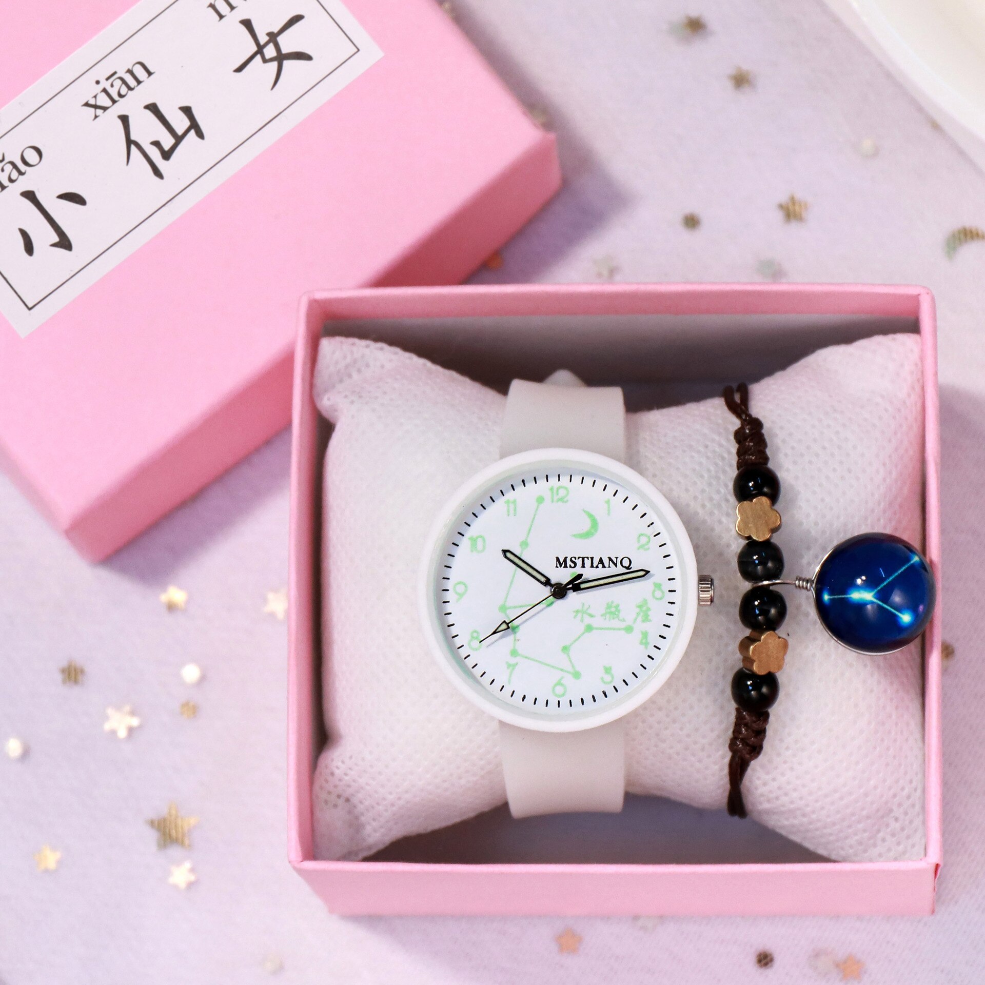 12 sterrenbeelden lichtgevende dameshorloges 1 set armband polshorloges siliconen band quartz horloges relogio feminino: Waterman geen doos