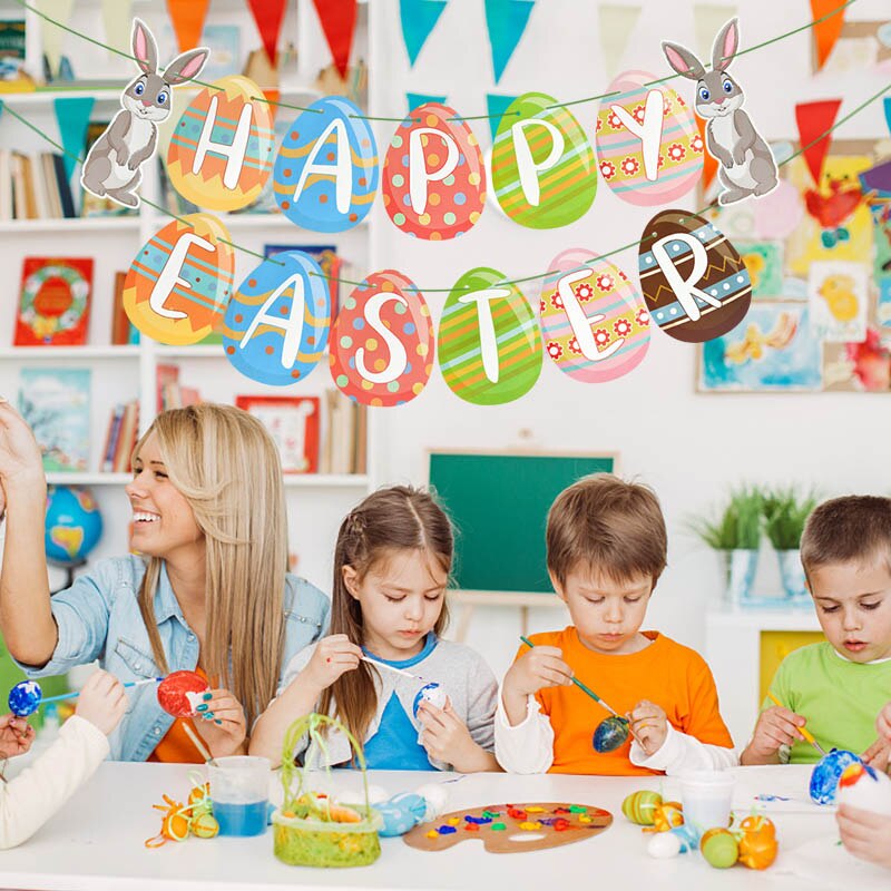 1set Happy Easter Banner Bunny Rabbit Egg Paper Bunting Garland Flag Easter Home Wall Hanging Decoration Festival Party Supplies
