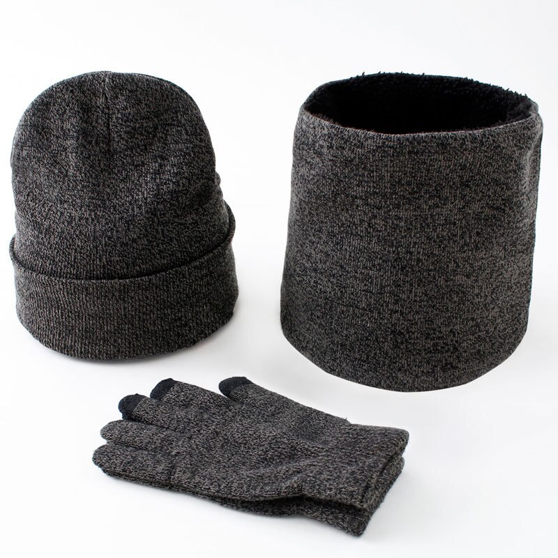 Varm vinterstrikkede hatte tørklæde og handsker til mænd rødbrun grå sort hat og tørklæde sæt 3 stk: Grå