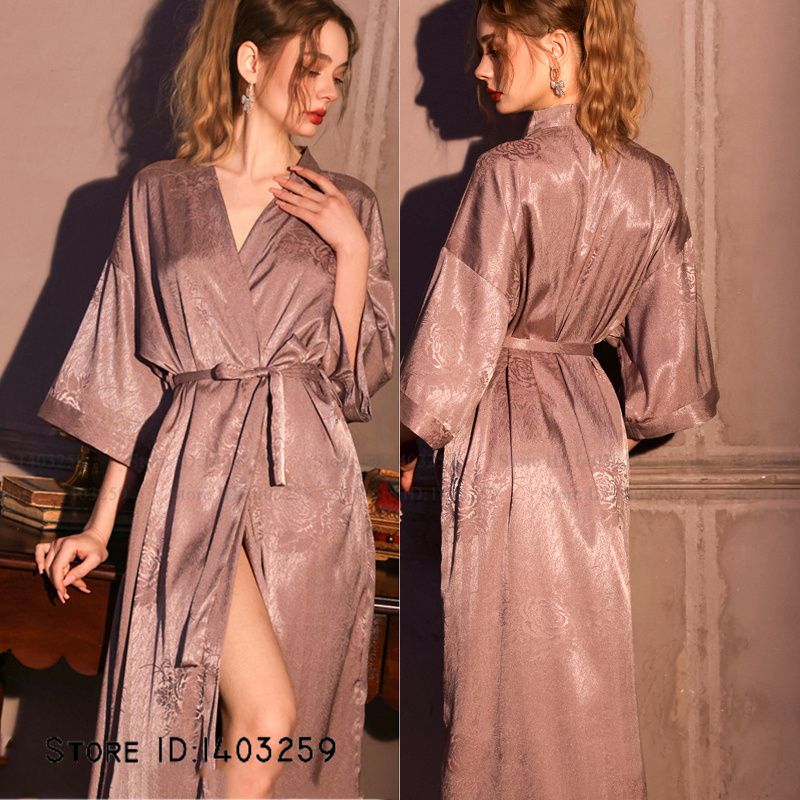 Chinese Style Jacquard Long Robe Nightgown Silk Satin Kimono Bathrobe Gown Spring Summer Sleepwear Home Dress Pajama