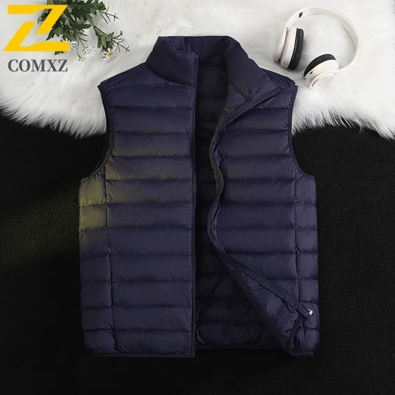 ​ ​ Heren effen donsvest witte eendenveren sport winter casual jas lichtgewicht warme mouwloze jas met standaard colla: XXL / Deep Blue