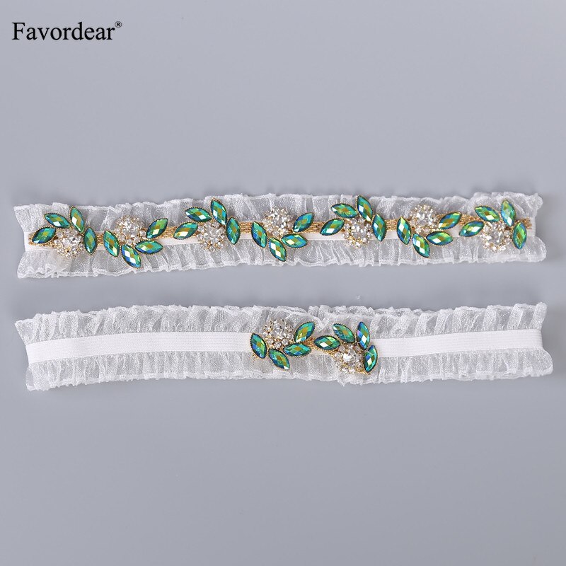 Favordear White Elastic Band Leg Ring Wedding Garter with Green Beading 2 PC Stocking Bridal Garter for Women/Bride