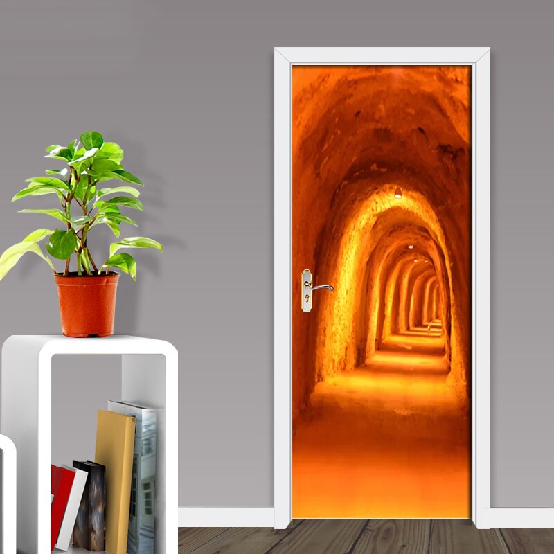 HD Cave Tunnel PVC Photo Wallpaper Self-adhesive Door Stickers Waterproof Poster Bedroom Door Home Decor Murals 3D Wall Stickers