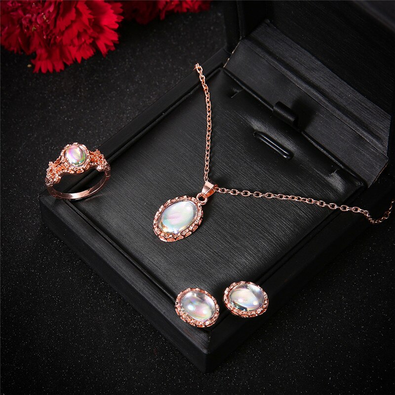 Schattige Vrouwelijke Ovale Maansteen Sieraden Set Charm Rose Goud Kleur Stud Oorbellen Voor Vrouwen Dainty Bruid Bruiloft Collier Ring