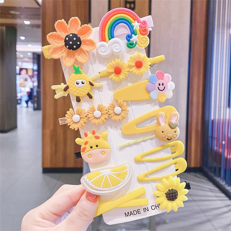 14 unids/caja niños dulce lindo de dibujos animados de seguridad adorno para el cabello Clips chicas bebé bandas para el cabello de los niños horquillas accesorios para el cabello: 14PC Yellow Headwear