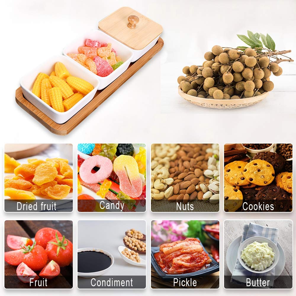 Japan Style Kitchen Organizer Ceramic Bowls Food Storage Containers with Bamboo Lid and Pallets Snack Serving Tray