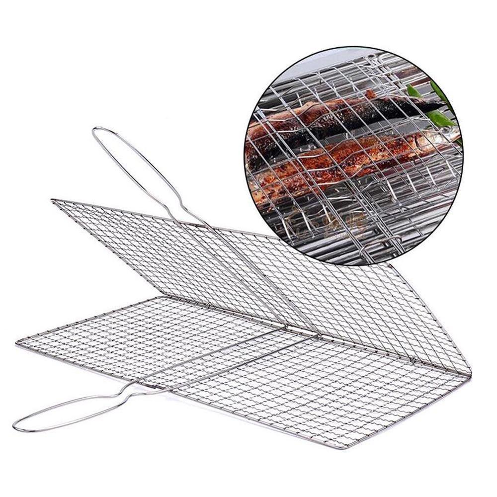 Household On-stick Triple Fish Grilling Basket w/ Wood BBQ Fish Barbecue Rack Handle Fish Grilling Outdoor Tool BBQ P4L2
