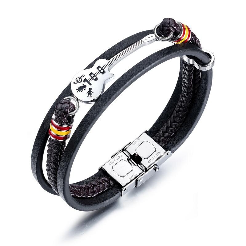 Punk Men Stainless steel Guitar Leather Bracelet Bracelets Multilayer Braided Leather Bracelet Jewelry