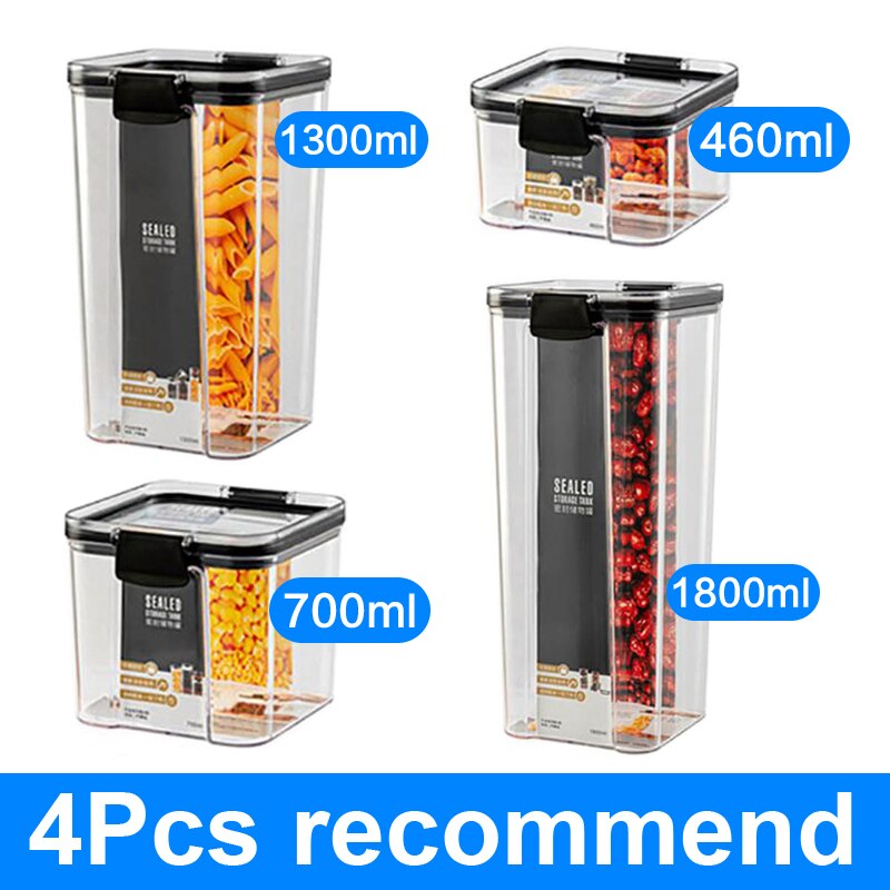 1800ml Dry Food Storage Box Kitchen Spaghetti Noodles Sealed Tank Cans Organizers bottles Food Containers Transparent Stackable: 4Pcs Set