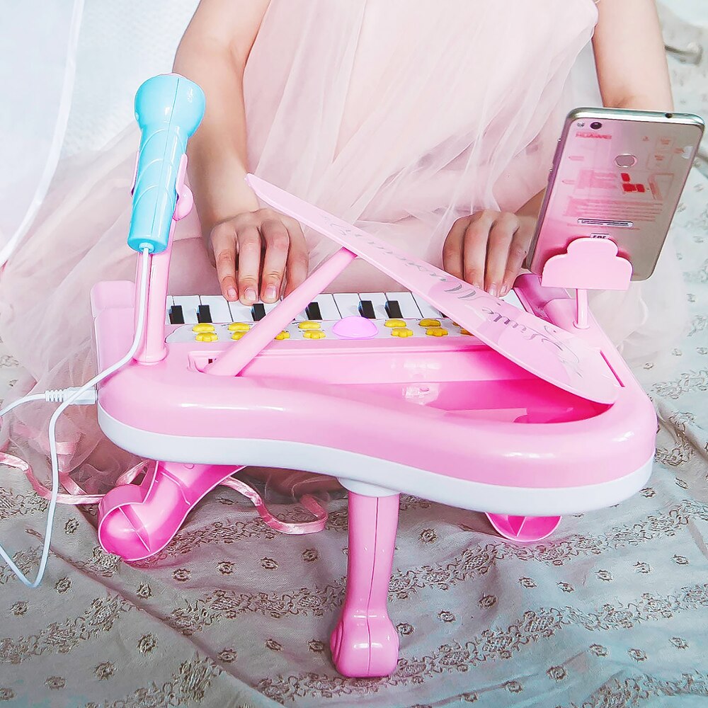 Quercitron låve elektronisk mini piano leketøy med mikrofon og telefonstativ til baby jenter 24 nøkler tastatur rosa musikk læringe