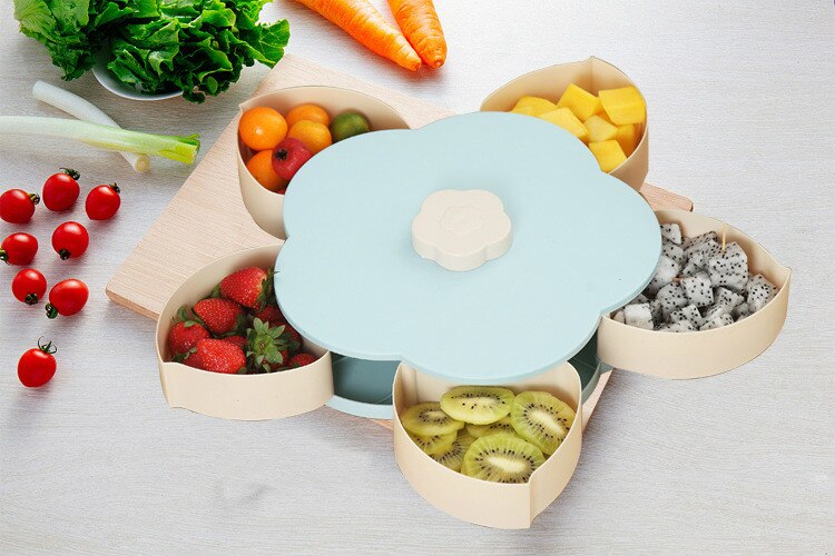 Double Layer Petal Shaped Rotating Candy Box Dish Snacks Tray Five Grid Dried Fruit Case Plastic Container: Small Single blue