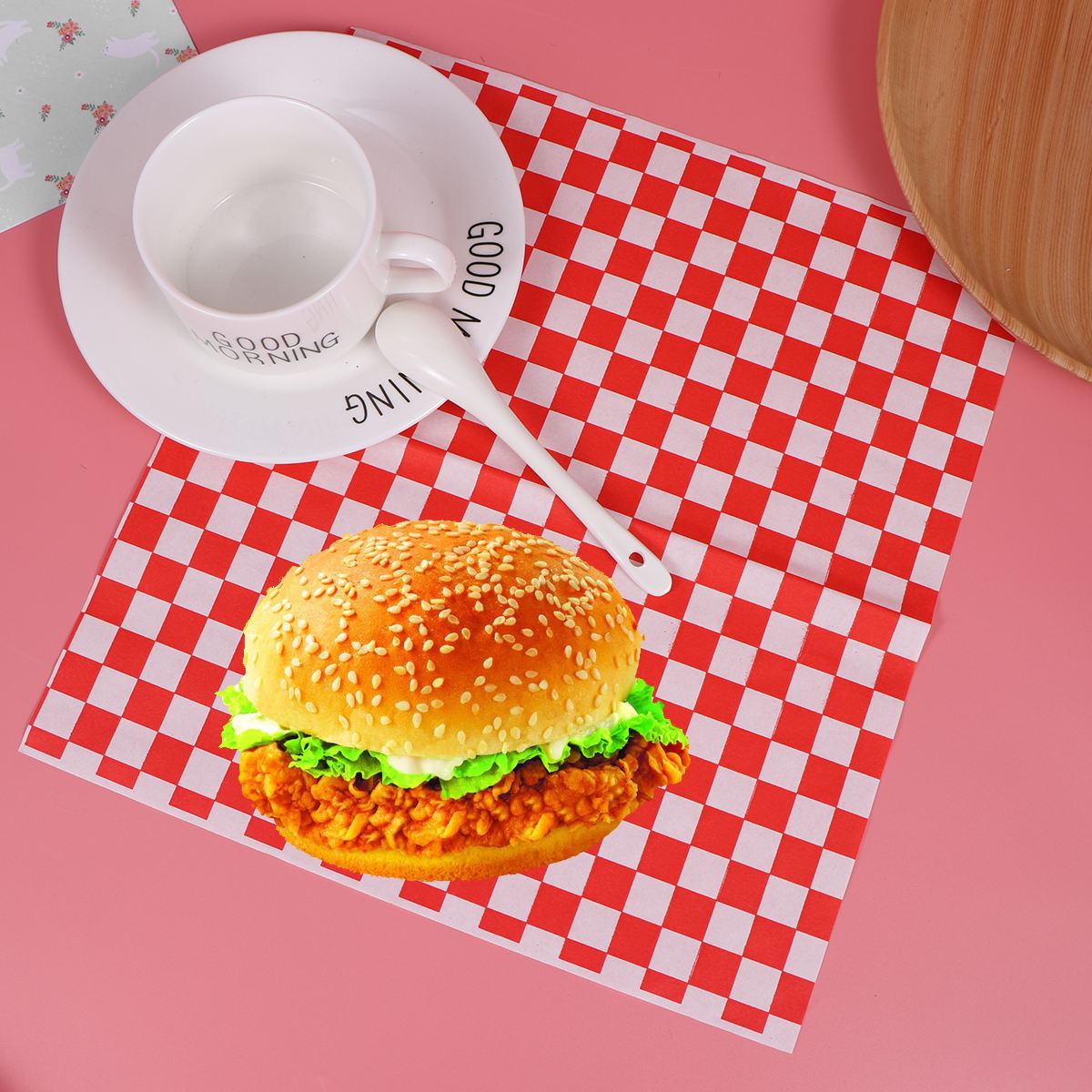 100 Sheets Food Wrapping Paper Regular Disposable Red Plaid French Fries Paper Oil-Proof Paper Hamburger Paper for Home Kitchen