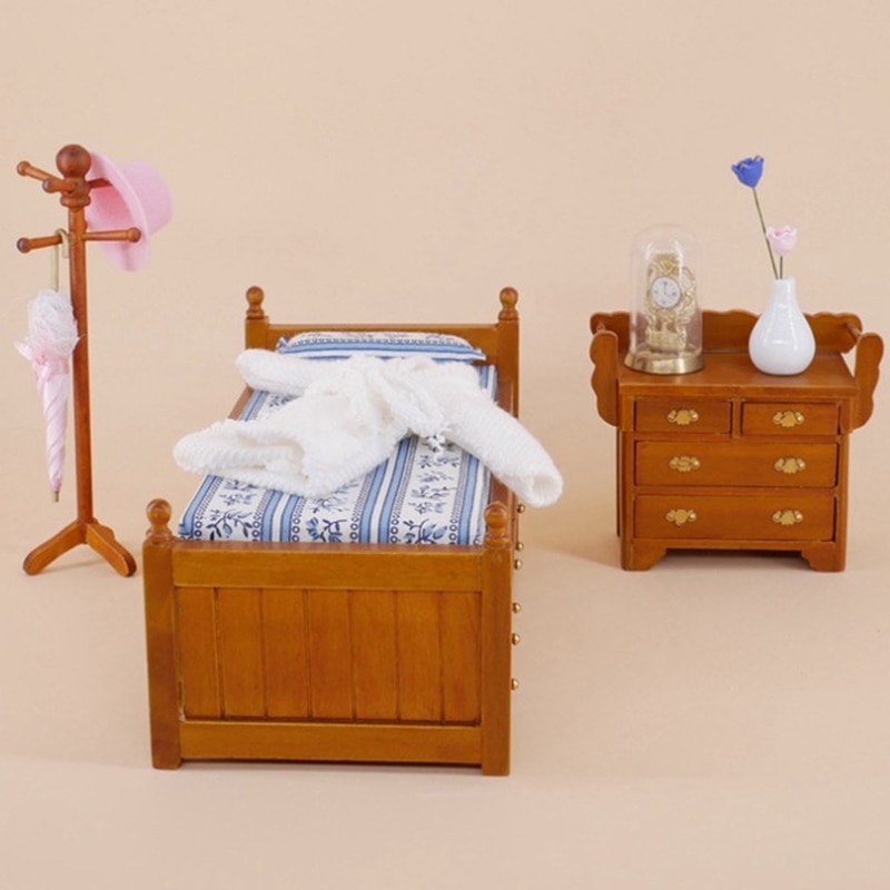 1pc 1:12 dukkehus mini møbler træ seng model legetøj med glidende skuffer