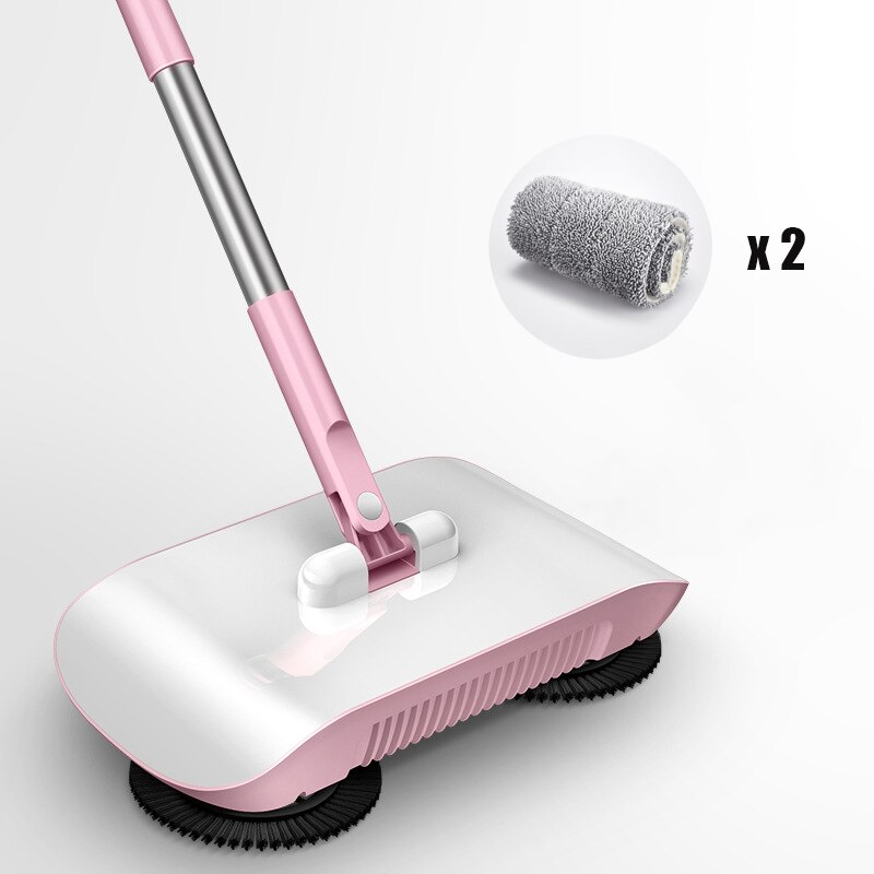 Stainless Steel Magic Sweeping Machine Push Type Broom Dustpan Mop All-In-One Hand Push Sweeper Handle Household Cleaning Tools: Pink 2cloth