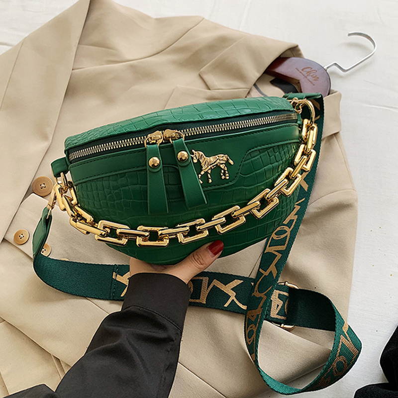 Bolso pequeño de piel sintética para mujer, bolsa de pecho a la , con cadena y cinturón de viaje,: upgrade green