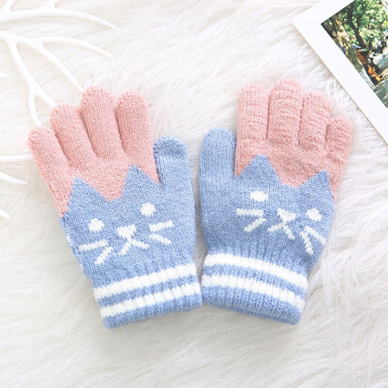 Cue Crianças Meninos Meninas Gato Luvas Quentes de inverno Moda Dos Desenhos Animados Suave Grosso Magia Elástico Malha Luvas Mittens Crianças Luvas 4 -8 T: Azul