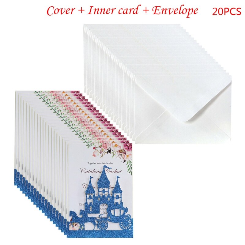 20x Wedding Invitations Card Glitter Hollow Castle Invite Envelope Bridal Shower A9LB: Blue