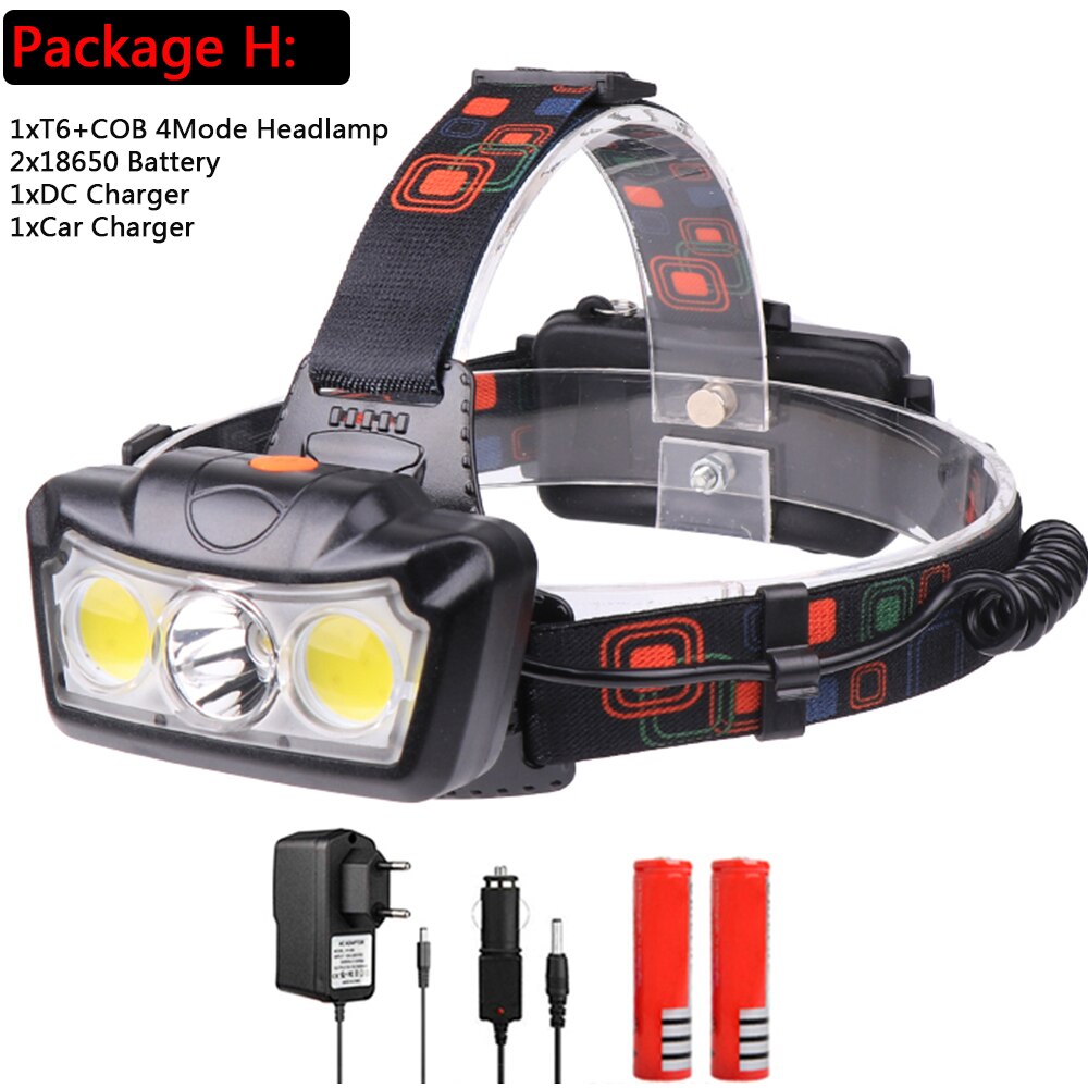 T6 + COB LED Koplamp Waterdichte Koplamp Hoofdlamp Oplaadbare met 4 Modes Head Lamp Zaklamp Lanterna Hoofd Licht: H