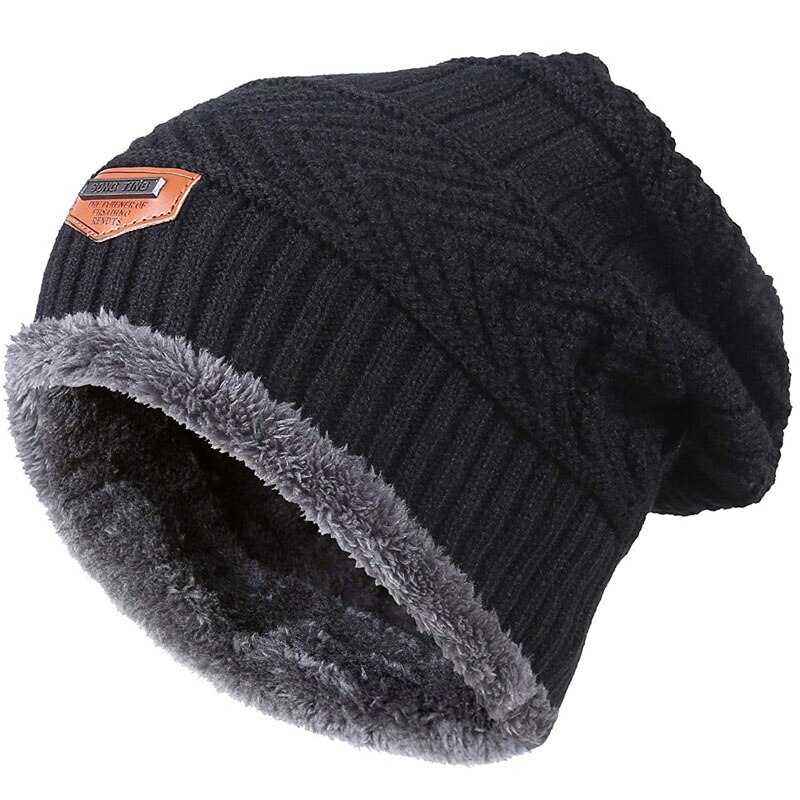 Men Warm Winter Knitted Beanie Hat Fleece Sullies Cap Black Male Casual Thick Soft Head Warmer: Black