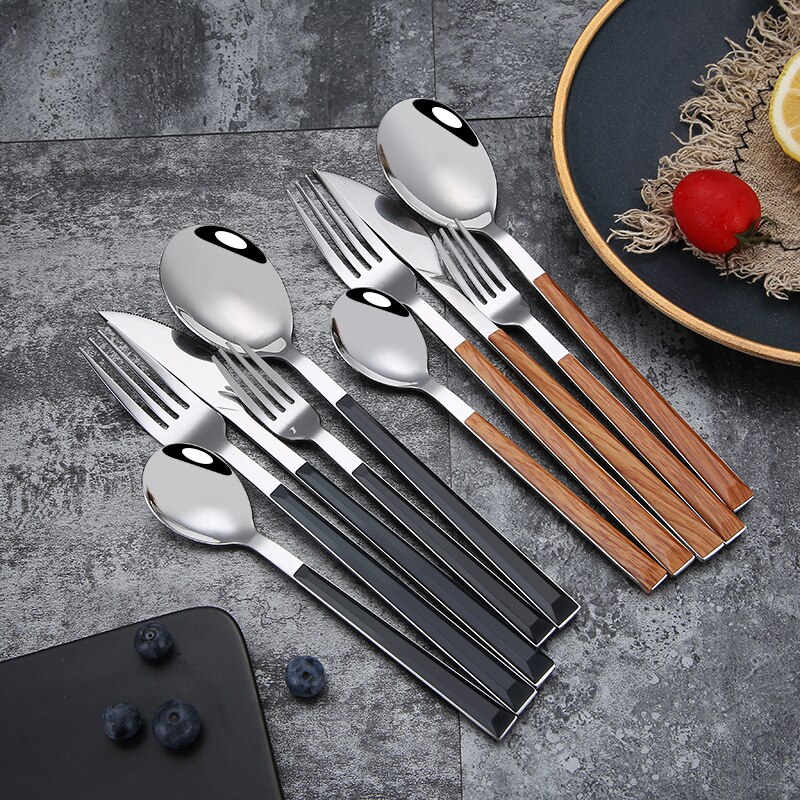 5 Stks/set Rvs Servies Set Keuken Bestek Geïmiteerd Houten Handvat Messen Vorken Lepel Set Houten Handvat Westerse