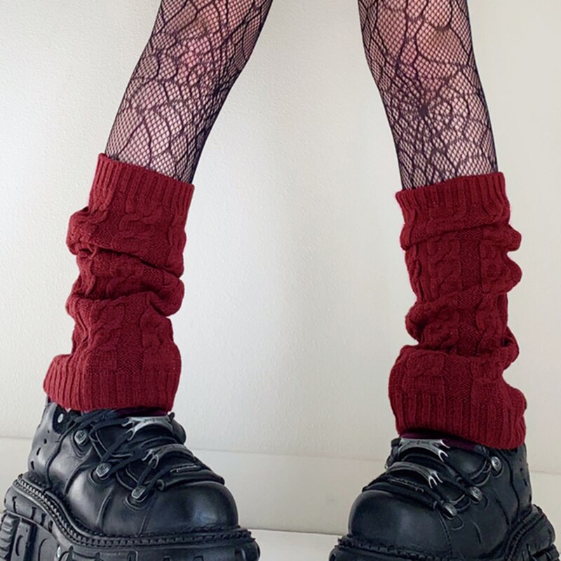 Female Leg Warmers Adults Solid Color Jacquard Knitted Stocking Leg Sleeve for Autumn Winter: Burgundy