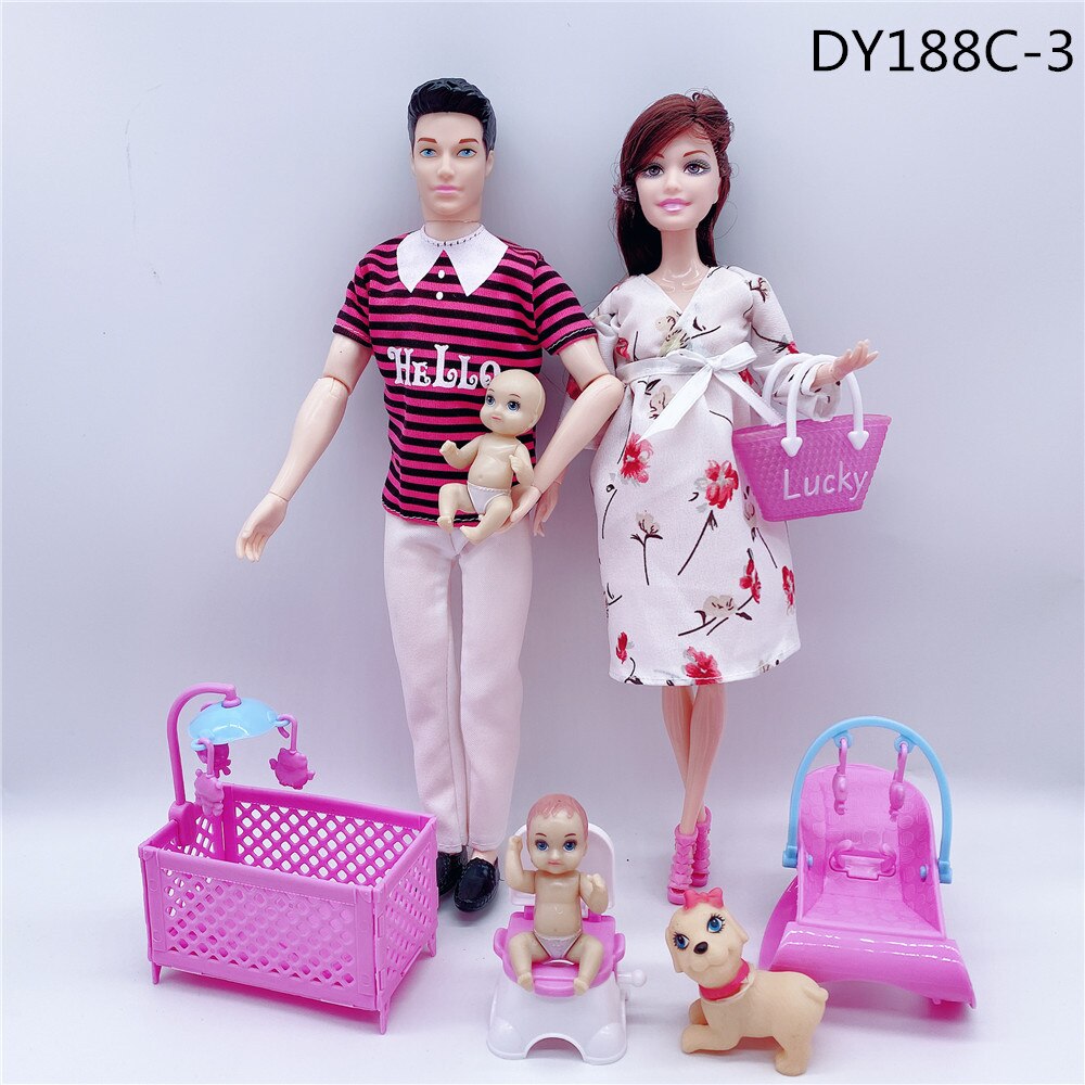 Fashionable 11.5”/30CM male doll + pregnant woman doll dress/small stroller/baby bed/children and girls toys accessories: Gold