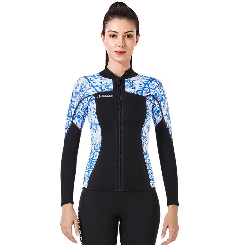 3MM Men's Neoprene Women Wetsuit Skins Long Sleeve Jacket with Front Zipper Rashguard Spearfishing Diving Suit Wet Suits: Woman blue / S