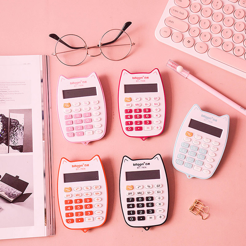 Portable Calculator Cute Cat Handheld Calculator for Students, Battery Power Electronic Calculator with 12-digit LED Display