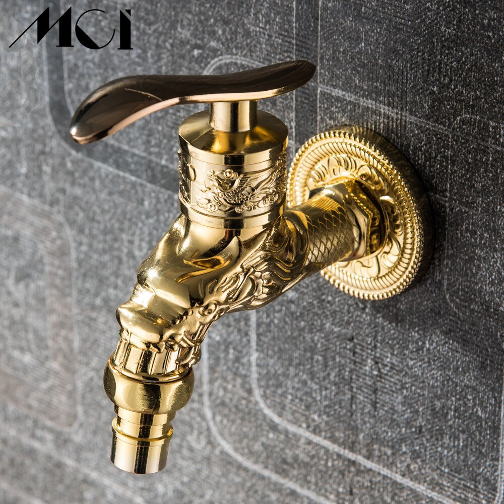 Carved Wall Mount Zinc Golden Water Wall Small Taps Decorative Garden Faucet Long Washing Machine Water Tap Basin Bibcock MCI