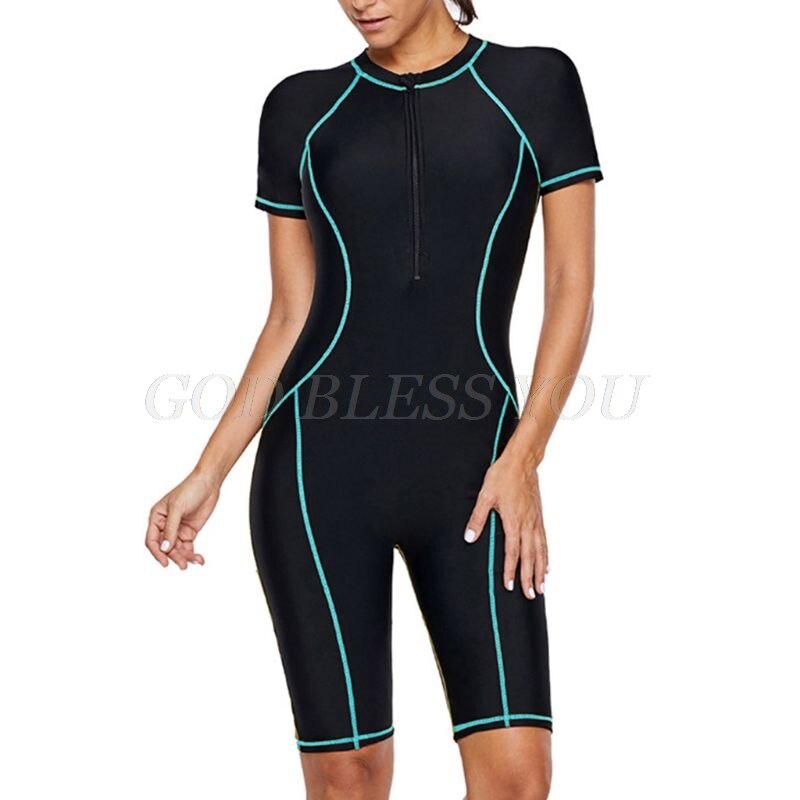 Vrouwen Plus Size Zip Front Een Stuk Rash Guard Zon Bescherming Korte Mouwen Badpak Colorblock Surfen Boyshort Badmode