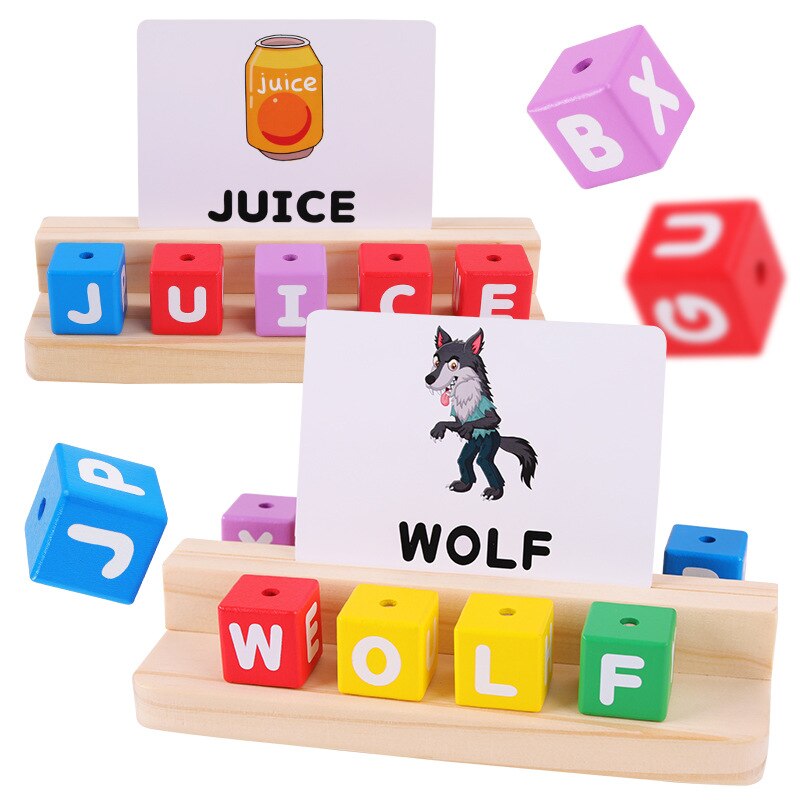 Wooden Letters Stacking Puzzle Words Cognitive Colorful Wooden Blocks Letters Matching Game With Double-Sided Cards