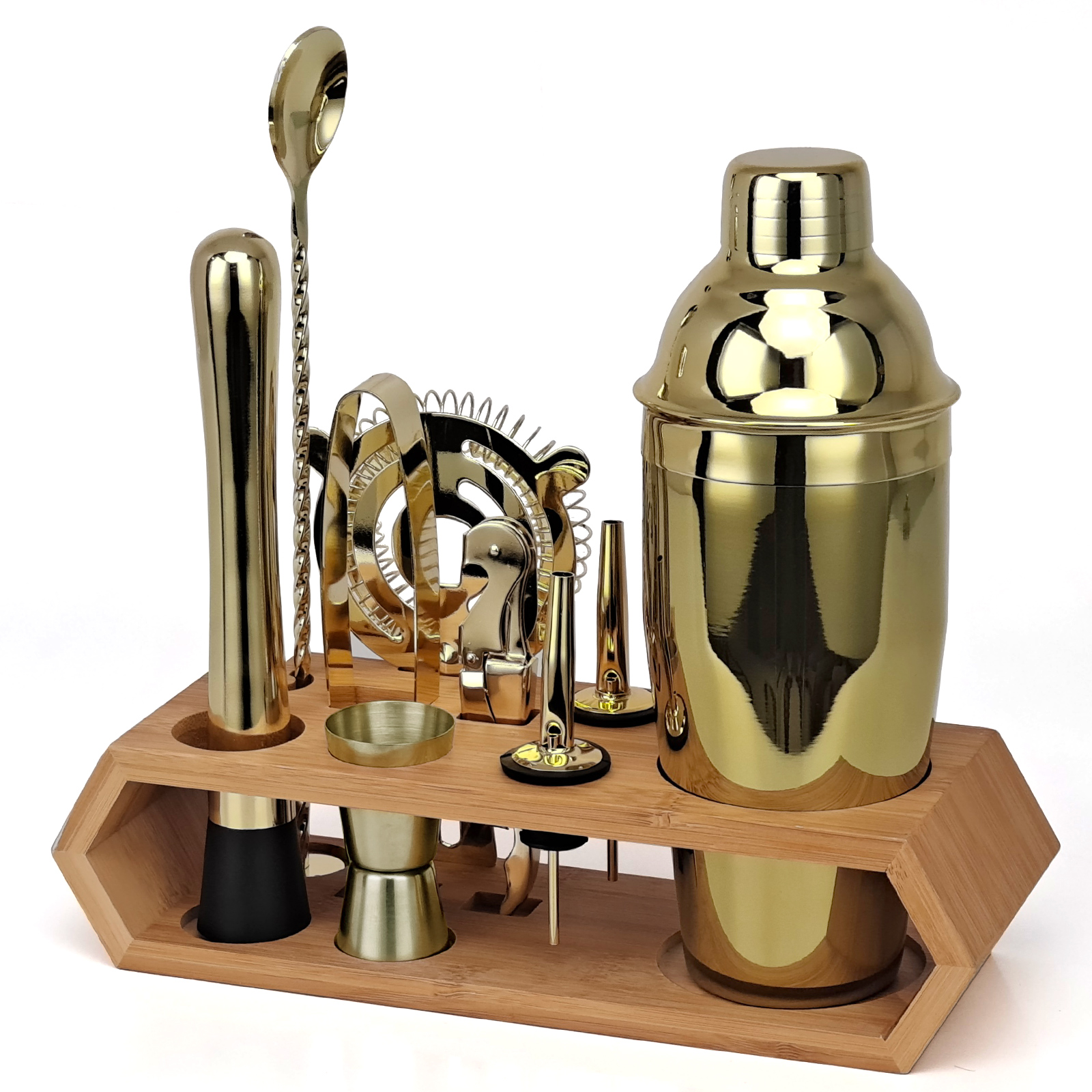 Cocktail Shaker Set Rose Gold,10-Piece Bartender Kit With Bamboo Stand,Tools Very Suitable For Family Party Use: Gold-750ML
