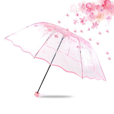 Guarda-chuva feminino apollo flor de cerejeira transparente tri-fold guarda-chuva dobrável feminino coreano japonês flor de cerejeira guarda-chuva feminino: Rosa