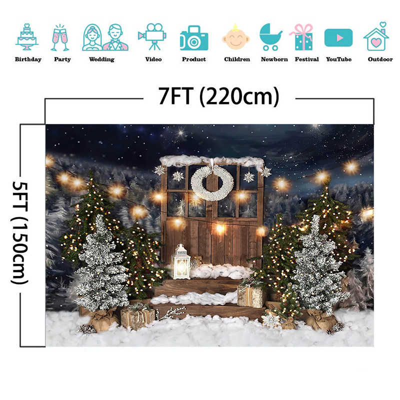 Noël neige photographie décors en bois porte pin lune décor toile de fond enfants Portrait Photocall arrière-plan Photo Studio