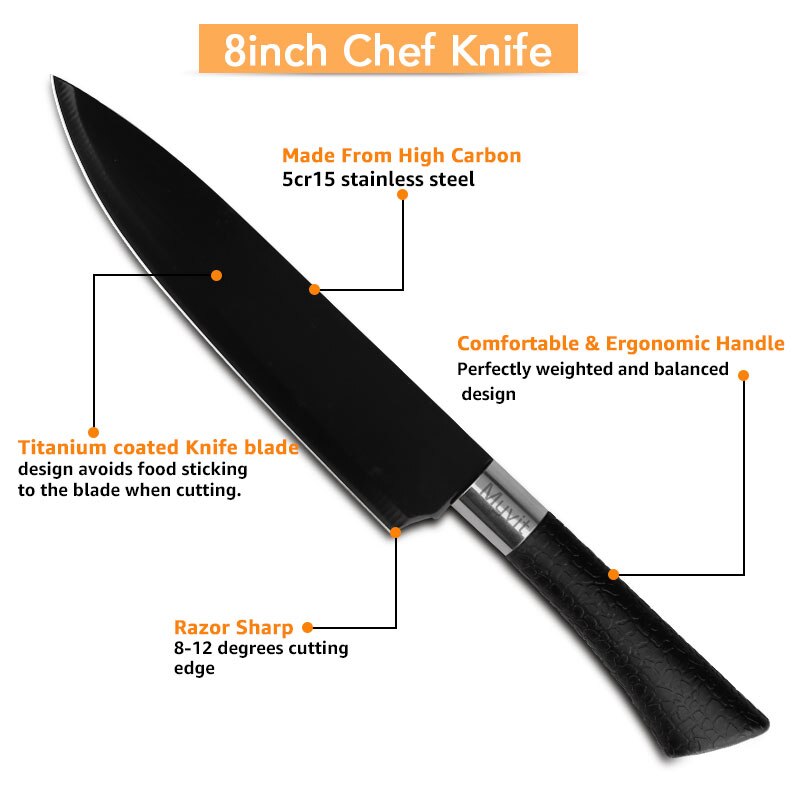 Chef Knives Set Stainless Steel Paring Utility Santoku Chef Slicing Bread Knives Black Blade Kitchen Accessories Set Tools