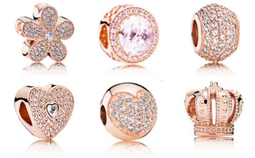 Moda cz paved pink granular gold fits silver charm sterling silver bracelet s925 original granules to make jewelry