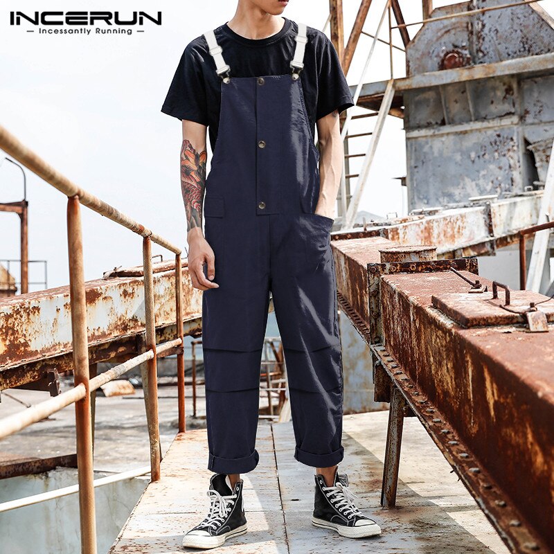 Incerun Mode Mannen Jumpsuit Solid Pockets Joggers Streetwear Knop Bretels Bib Broek Casual Chic Mens Overalls Rompertjes