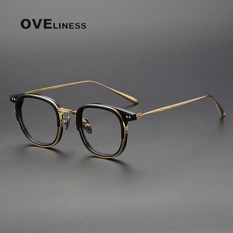 Montura de gafas de acetato de titanio 2024, monturas de gafas redondas para hombres y mujeres, gafas Retro Vintage, gafas completas: Negro