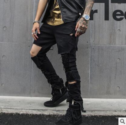 Herfst mannen black ripped jeans met gaten verontruste hip hop punk denim broek heren vintage casual rits skinny jogger jeans: M