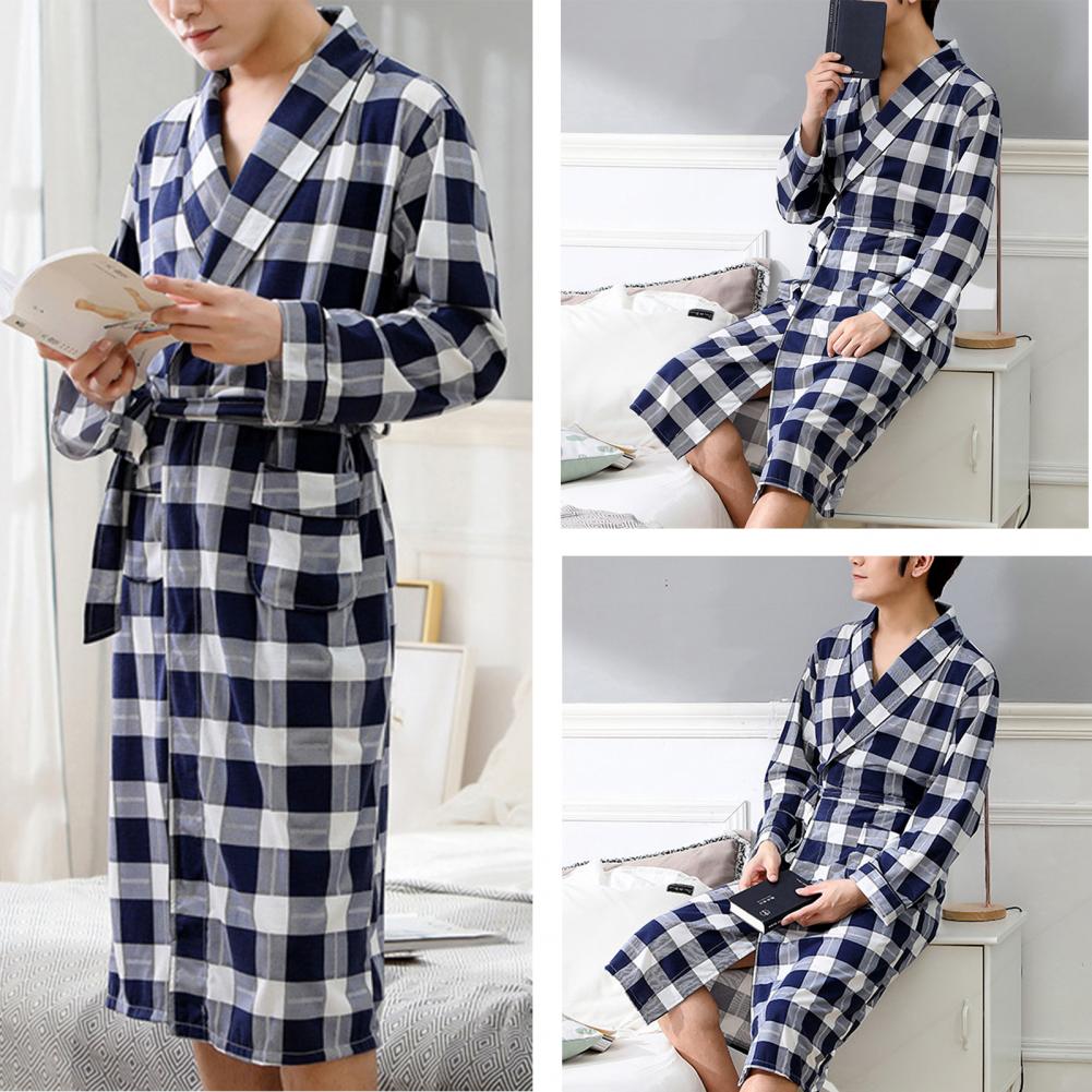 Casual Men Soft Color Block Pockets Long Sleeve Bath Robe Home Gown Sleepwear