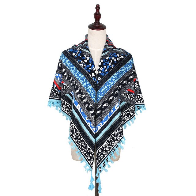 Sjaal Vrouwen Winter Bohemian Vierkante Zakdoek Sjaal Wrap Retro Patroon Kwastje Vrouwelijke Sjaal Grote 115Cm Katoen Foulard Bloemen: 23