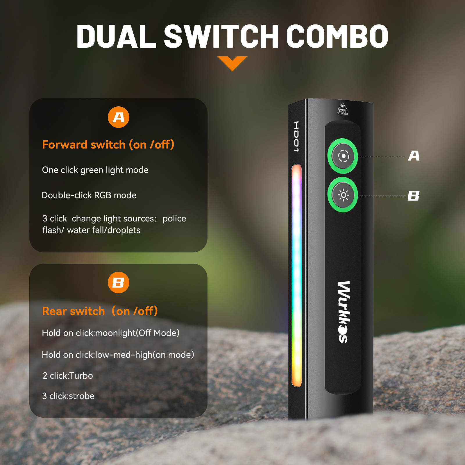 Wurkkos nueva linterna multifuncional HD01 1200 LM con luz verde luz blanca 90CRI luces laterales RGB IP65 impermeable senderismo