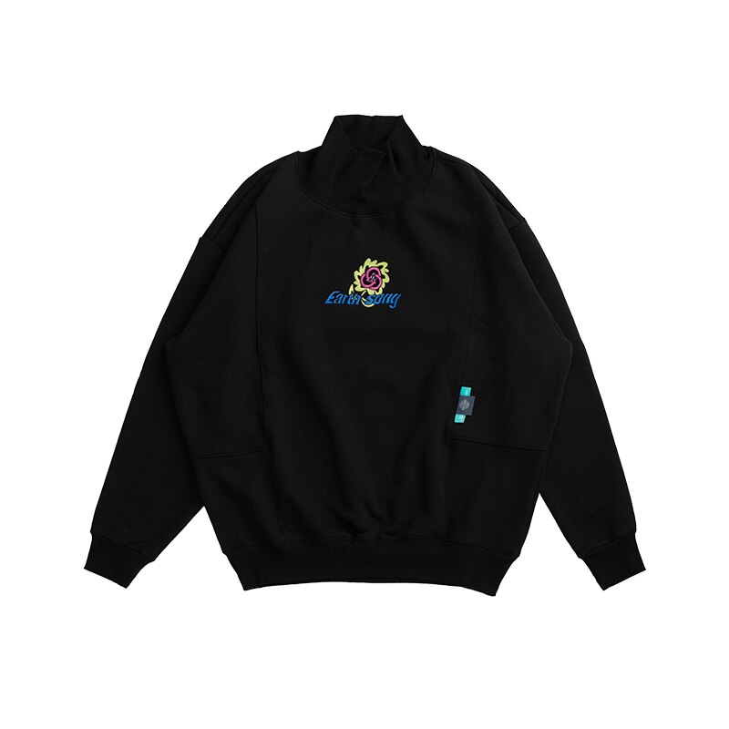 Inflasjon fleece tykk genser til menn толстовка vinter varm høy krage blomsterbroderi genser herre genser 1347w: Svart / M