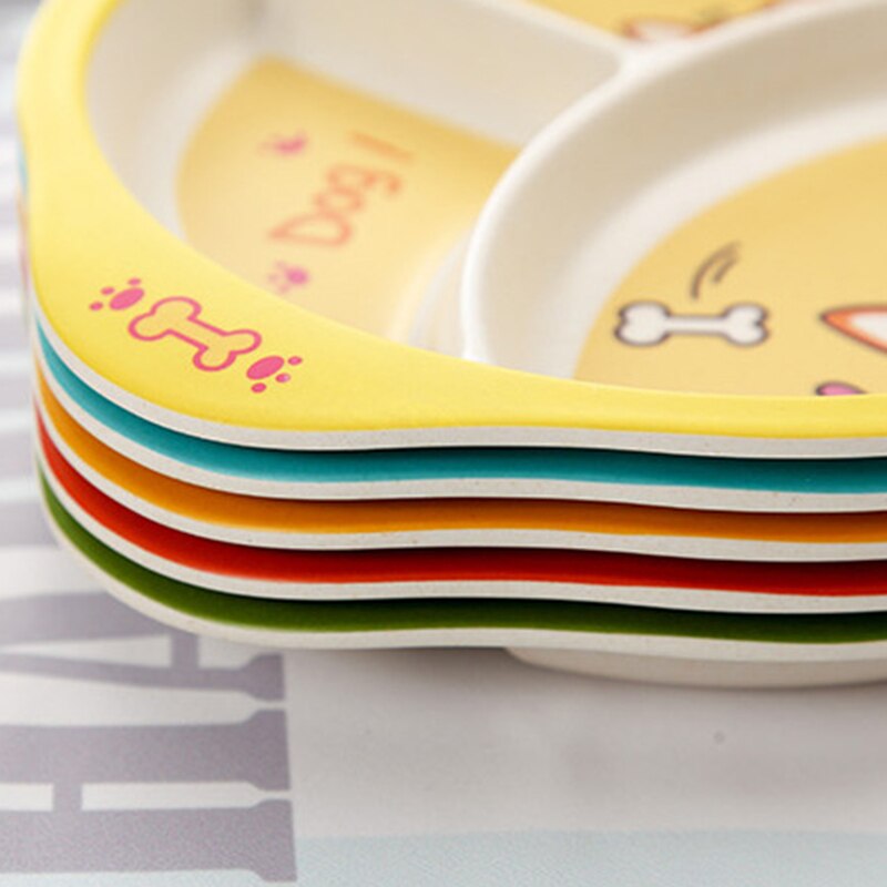 Bamboo Fiber Baby Cartoon Eating Tableware Kids Dinner Plate Toddler Feeding Dishes Children Training Bowl Spoon Fork 5Pcs/Set E