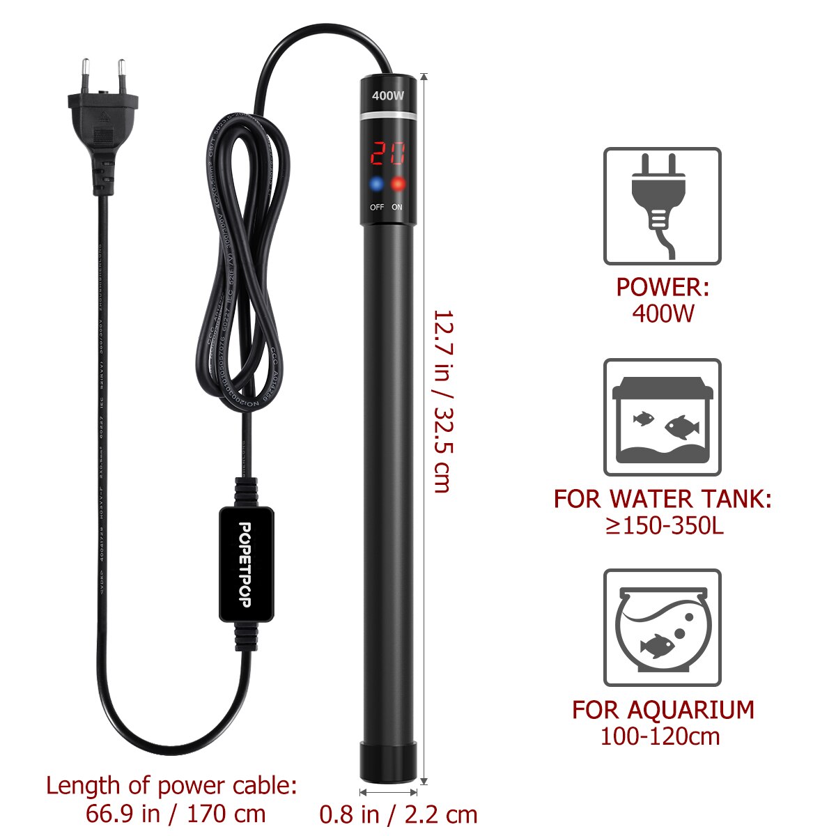 POPETPOP 400W Submersible Aquarium Heater Titanium Heating Rod with Thermometer and LED Digital Display