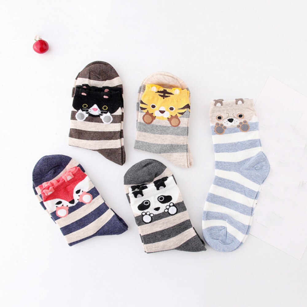 Funny Cartoon Animals Ankle Socks Striped Cotton Mid Tube Sock Soft Comfortable Autumn Winter Kawaii Footwear for Girls